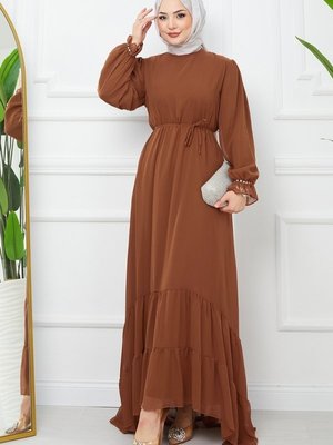 Kahve Eteği Katlı Şifon Elbise