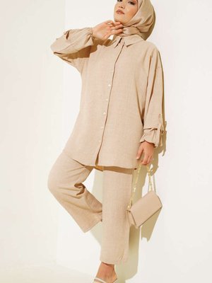 Düğmeli Keten İkili Takım Düğmeli Keten İkili Takım