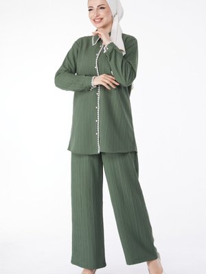 Düz Gömlek Yaka Haki Tunik Pantolon İkili Takım