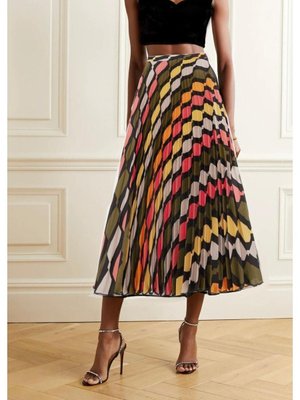 Saten Pileli Desenli Çok Renkli Mevsimlik Midi Boy Pilise Uzun Etek