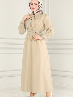 Taş Yakası Bağlamalı Terikoton Elbise