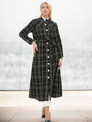 Siyah Boydan Düğmeli Beli Kuşaklı Şölin Kaban Siyah Boydan Düğmeli Beli Kuşaklı Şölin Kaban