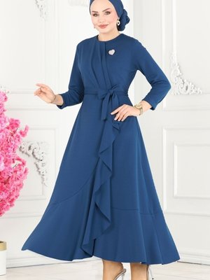 İndigo Eteği Volanlı Elbise