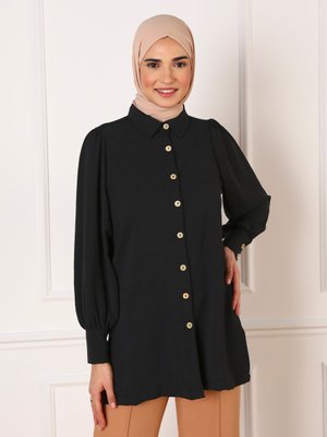 Siyah Balon Kol Düğme Detaylı Tunik