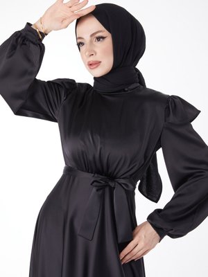 Düz Hakim Yaka Siyah Prenses Kol Abiye Elbise