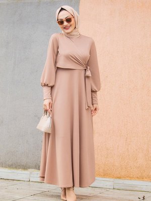 Kruvaze Detaylı Elbise Taba