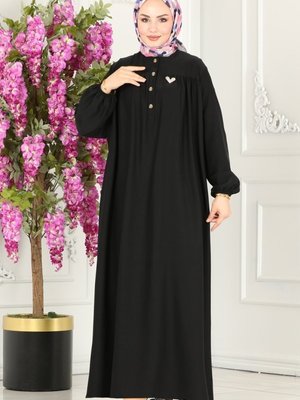 Siyah Yarım Düğmeli Elbise