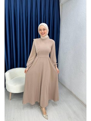 Vizon Omuzu Taş Detaylı Abiye Elbise