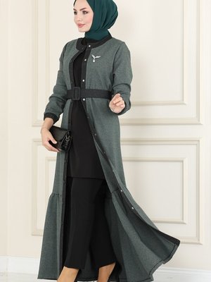 Nefti Yeşili Eteği Fırfırlı Kışlık Elbise & Ferace