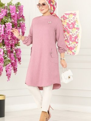 Gül Kurusu Cep Detaylı Keten Tunik