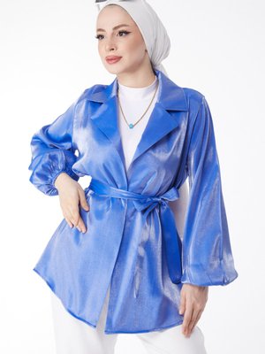 Düz Yaka Saks Parlak Detaylı Kuşaklı Ceket