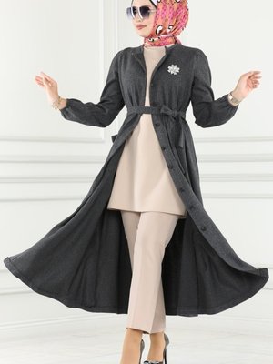 Antrasit Kemerli Balıksırtı Ferace & Elbise Antrasit Kemerli Balıksırtı Ferace & Elbise