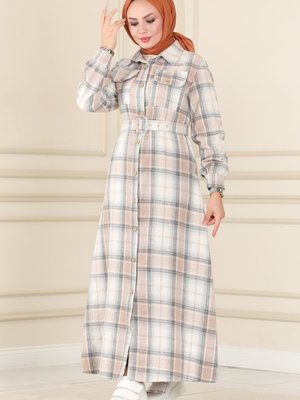 Vizyon Kaplama Kemerli Ekose Elbise