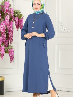 İndigo Düğme Detaylı Aerobin Elbise