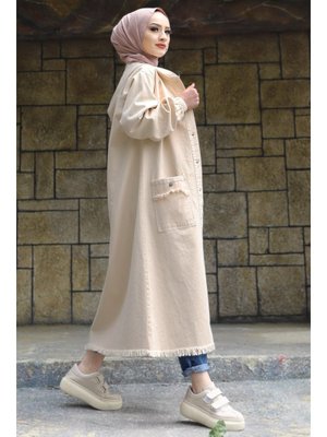 Krem Püsküllü Uzun Kot Kap