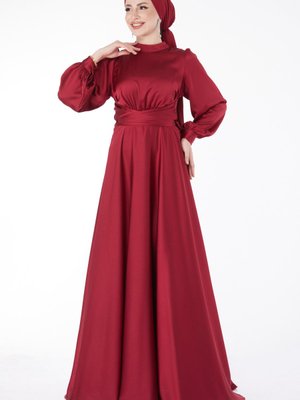 Düz Hakim Yaka Bordo Çapraz Kuşaklı Abiye Elbise Düz Hakim Yaka Bordo Çapraz Kuşaklı Abiye Elbise