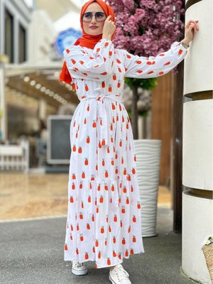 Keten Kumaş Ananas Desenli Uzun Elbise Beyaz Keten Kumaş Ananas Desenli Uzun Elbise Beyaz