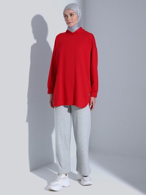 Kapüşonlu Yanları Yırtmaçlı Sweatshirt Kırmızı