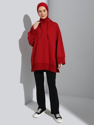 Kapüşonlu Oversize Sweatshirt Bordo