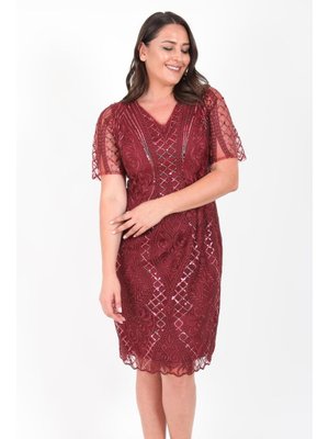Büyük Beden Bordo Kısa Abiye Elbise
