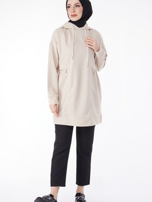 Düz Kapüşonlu Yaka Taş Cep Fermuar Detaylı Tunik