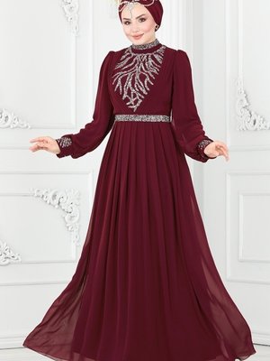 Bordo Pilise Detaylı Şifon Abiye Elbise Bordo Pilise Detaylı Şifon Abiye Elbise