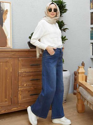 Bağcıklı Bol Paça Pantolon Koyu Mavi