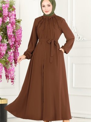 Kahve Fırfır Detaylı Medine İpeği Ferace