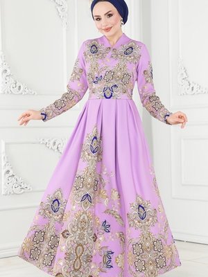 Lila Kruvaze Yakalı Atlas Elbise