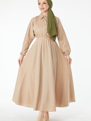 Bej Beli Lastikli Elbise