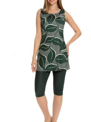 Yeşil Likralı Yaprak Desenli Yarı Kapalı Mayo