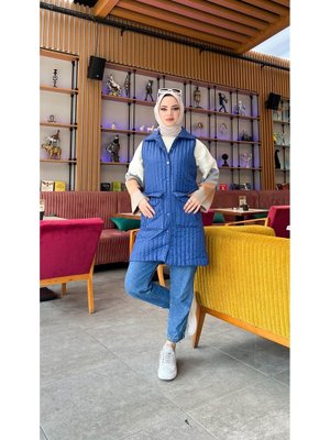 İndigo Ahenk Kapitone Cepli Kolsuz Yelek
