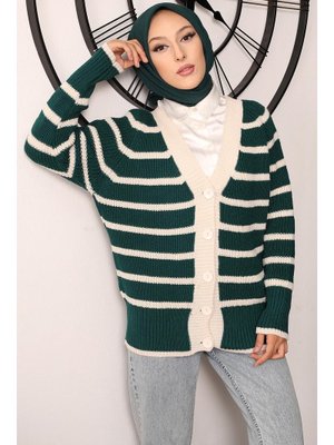 Zümrüt Yeşili Çizgili Triko Hırka