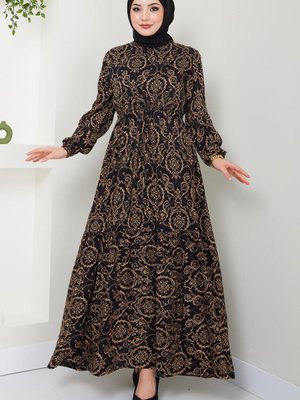 Etnik Desenli Viskon Elbise Camel