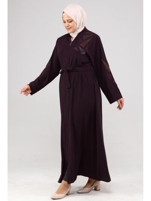 Abaya Mürdüm Nakışlı Taşlı Yazlık Ferace