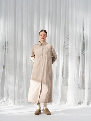 Çizgili Uzun Gömlek Vizon