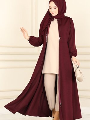 Bordo Yakası Bağcıklı Ferace Bordo Yakası Bağcıklı Ferace