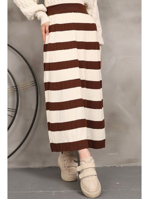 Kahverengi Bel Lastikli Çizgili Triko Etek