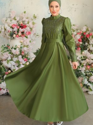 Kına Yeşili Taş Detaylı Saten Abiye Elbise