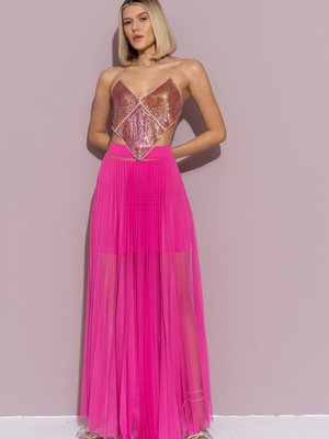 New Fushia Yüksek Bel Transparan Tamamı Pileli Ve Beli Lastikli Uzun Etek