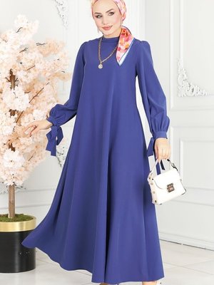 İndigo Manşeti Bağcıklı Krep Elbise