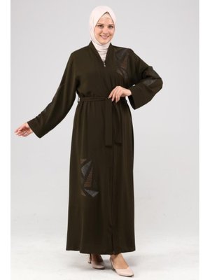 Abaya Haki Nakışlı Taşlı Yazlık Ferace