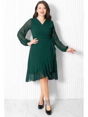 Fırfırlı Şifon Abiye Elbise Zümrüt