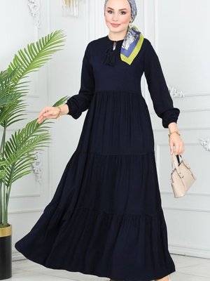 Lacivert Yakası Bağlamalı Viskon Elbise