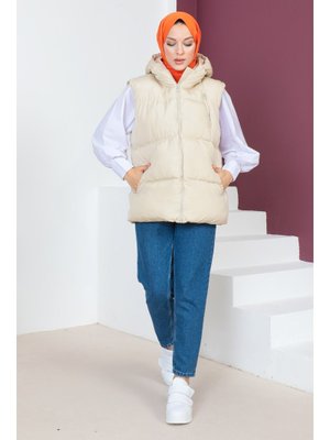 Bej Önü Fermuar Detaylı Şişme Yelek