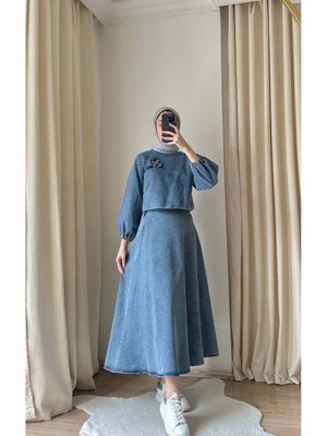 Takım Ceket Etek Kot Yaka Bronşlu Vishne Buz Mavi