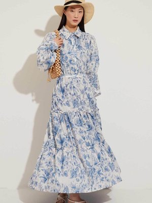 Soft Floral Keten Elbise Mavi