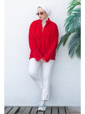 Kırmızı Armin Fermuarlı Peluş Hırka Kırmızı Armin Fermuarlı Peluş Hırka