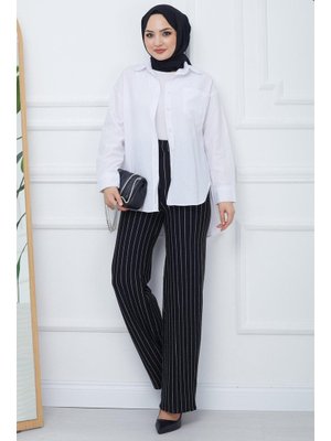 Siyah Çizgili Bol Paça Krep Pantolon