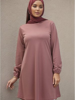 Kol Ucu Lastikli Mevsimlik Gül Kurusu Sade Tunik